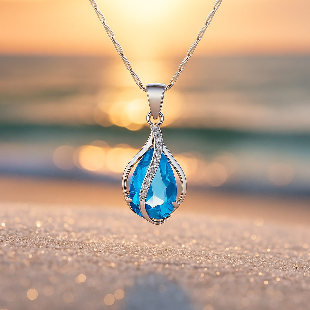Goutte de Lumière – Collier avec zircon bleu et finition argentée
