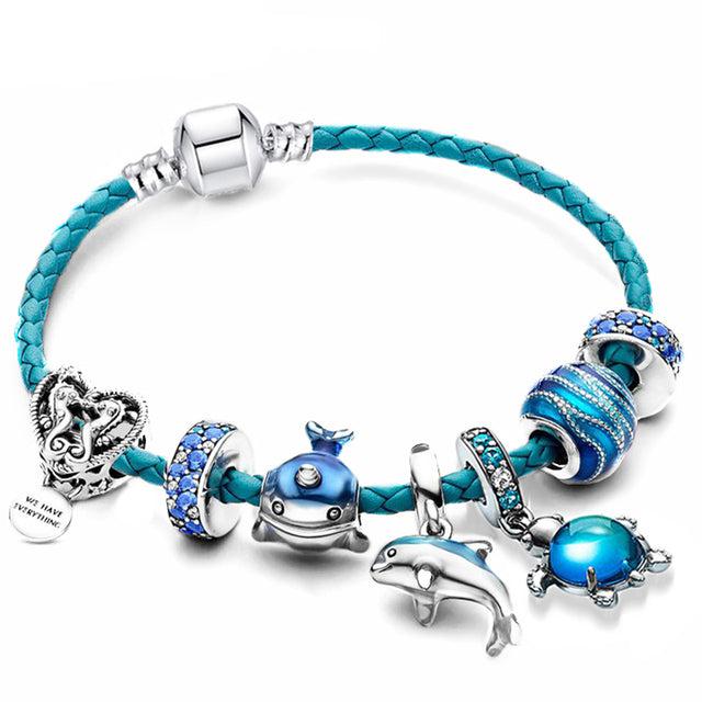 Bracelet Style Océan + Breloques Incluses en Cuir et Argent
