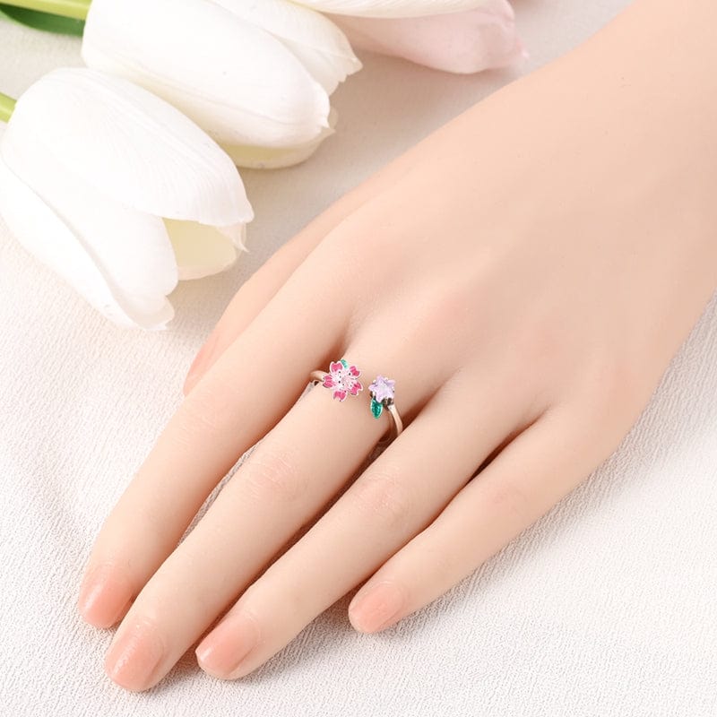 Bague Réglable Fleur Rose Épanouie et Cristal Étoile