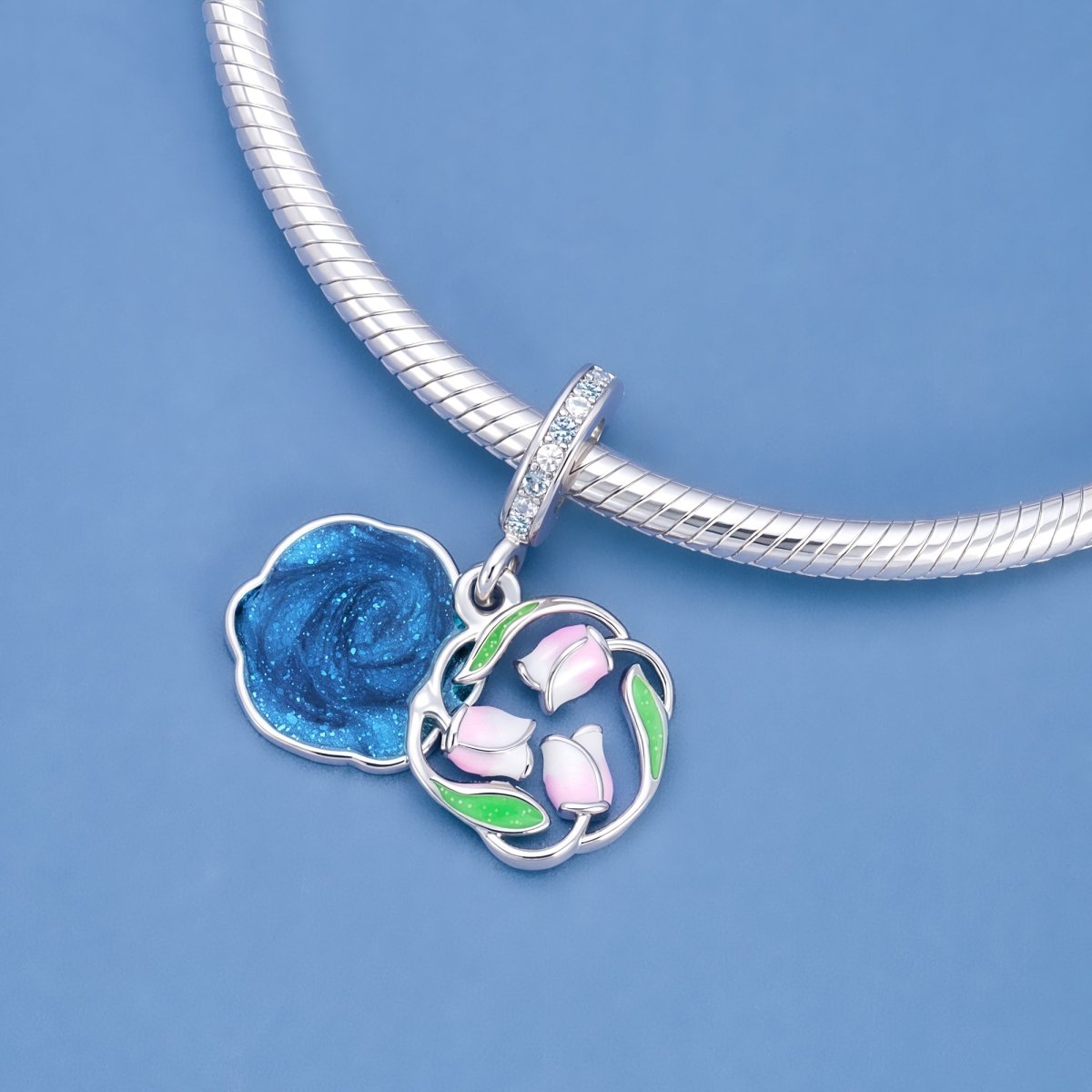 Charm Pendant Spirale Bleue et Rose Rose