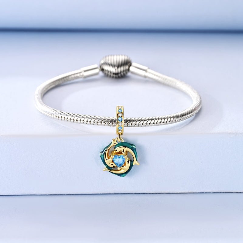 Charm Pendant Doré Dauphins Bleus et Cœur Éclat Océan