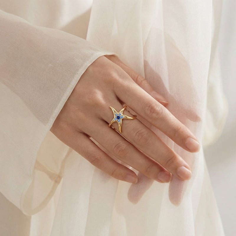 Bague Réglable Étoile de Mer Dorée et Bleue