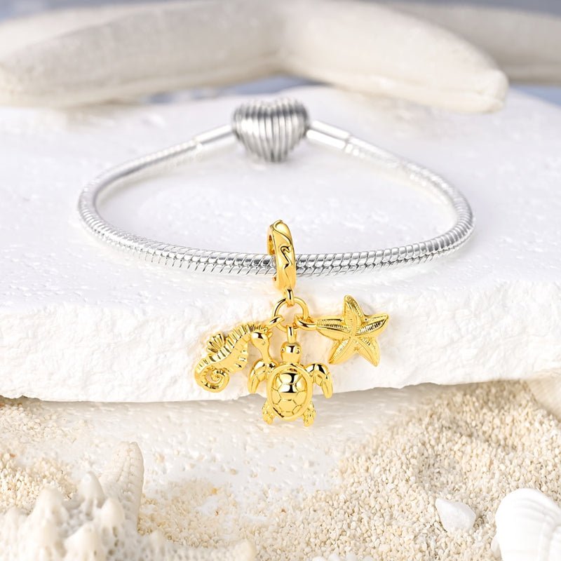 Charm Pendant Doré Tortue Marine, Hippocampe et Étoile de Mer