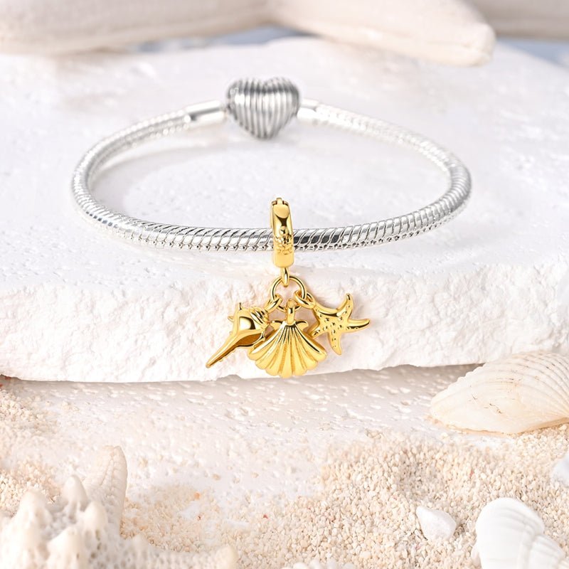 Charm Pendant Doré Coquillage, Étoile de Mer et Conque