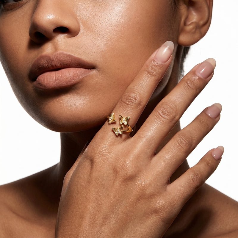 Bague Réglable Triple Papillon Dorée