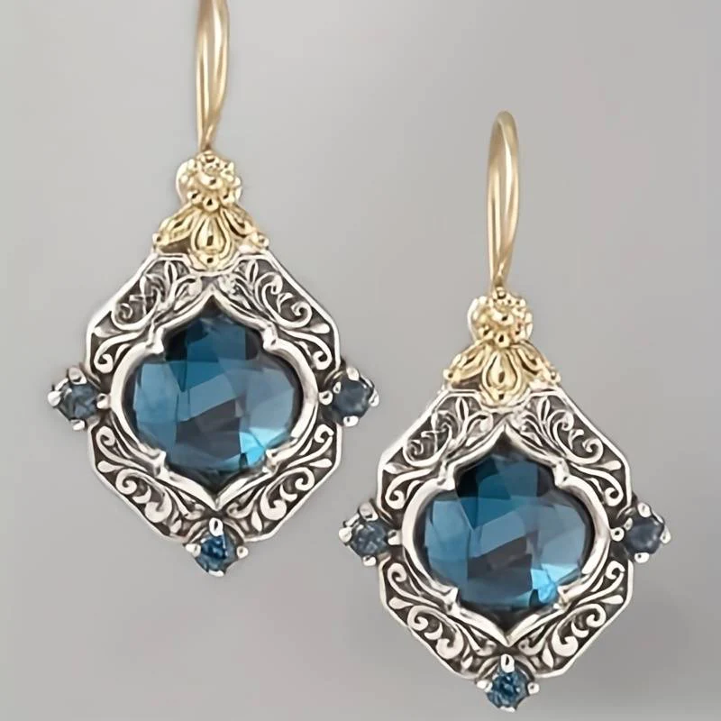 Boucles d'Oreilles Cristal Bleu en Or et Argent