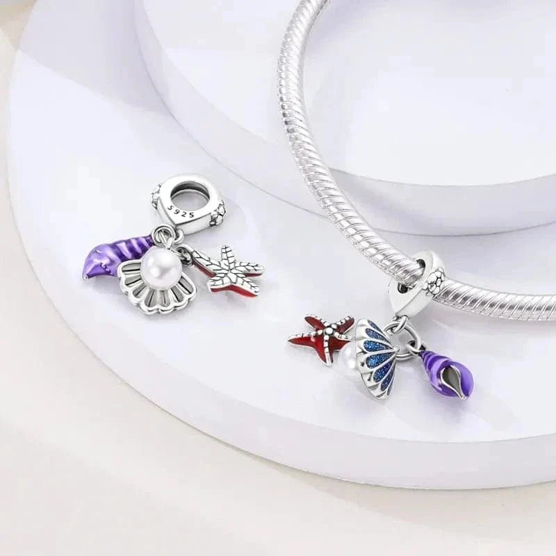 Charm Triple Pendant Coquillage et Étoile de Mer Océan