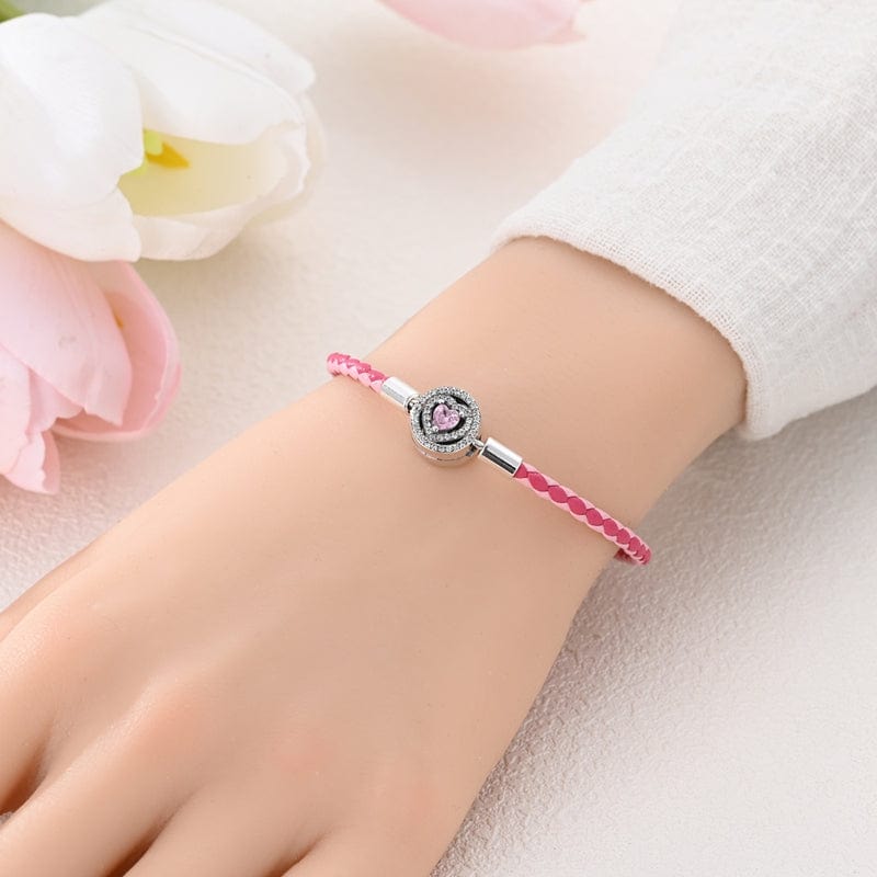 Bracelet en Cuir Tressé Rose avec Fermoir Cœur