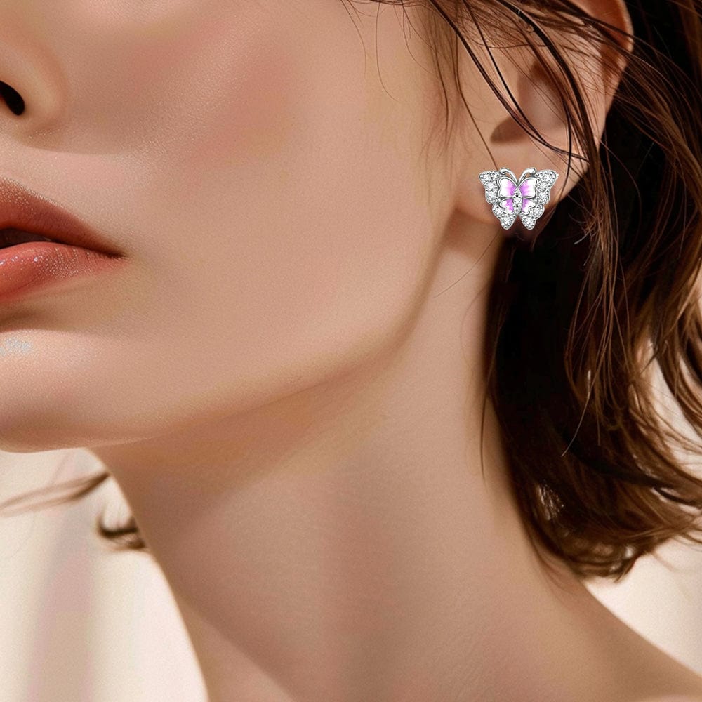 Puces d'Oreilles Papillon en Émail Rose aux Accents de Cristal