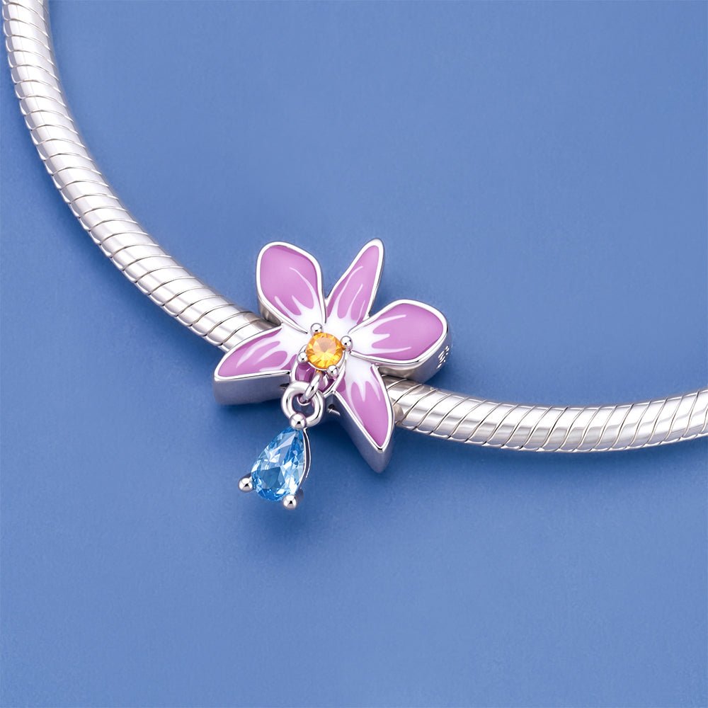 Charm Fleur Rose et Cristal Bleu