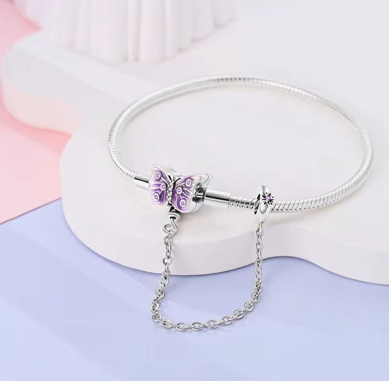 Bracelet à Charms Papillon Violet avec Chaîne de Sécurité