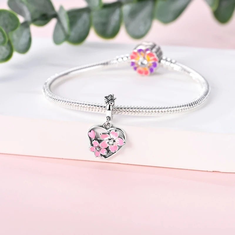 Charm Pendant Cœur Fleur de Cerisier Rotatif