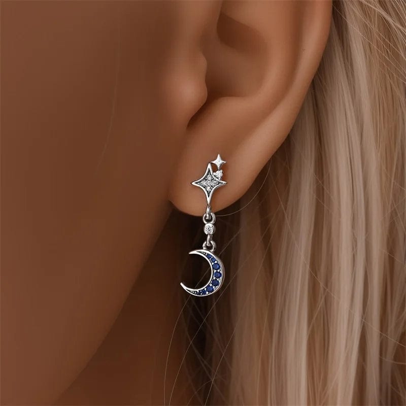 Boucles d'Oreilles Pendantes Argent Lune et Étoile