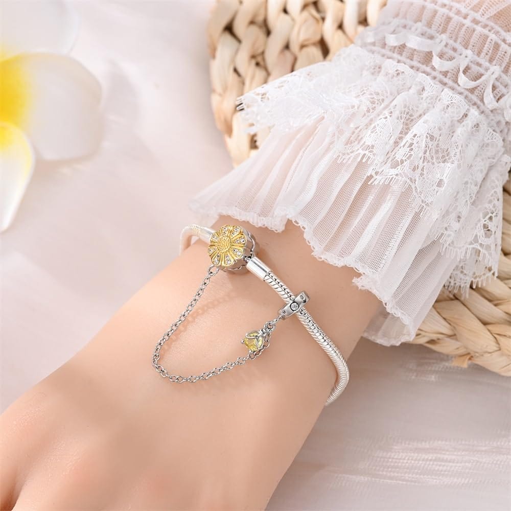 Bracelet à Charms Tournesol avec Chaîne de Sécurité et Pendentif