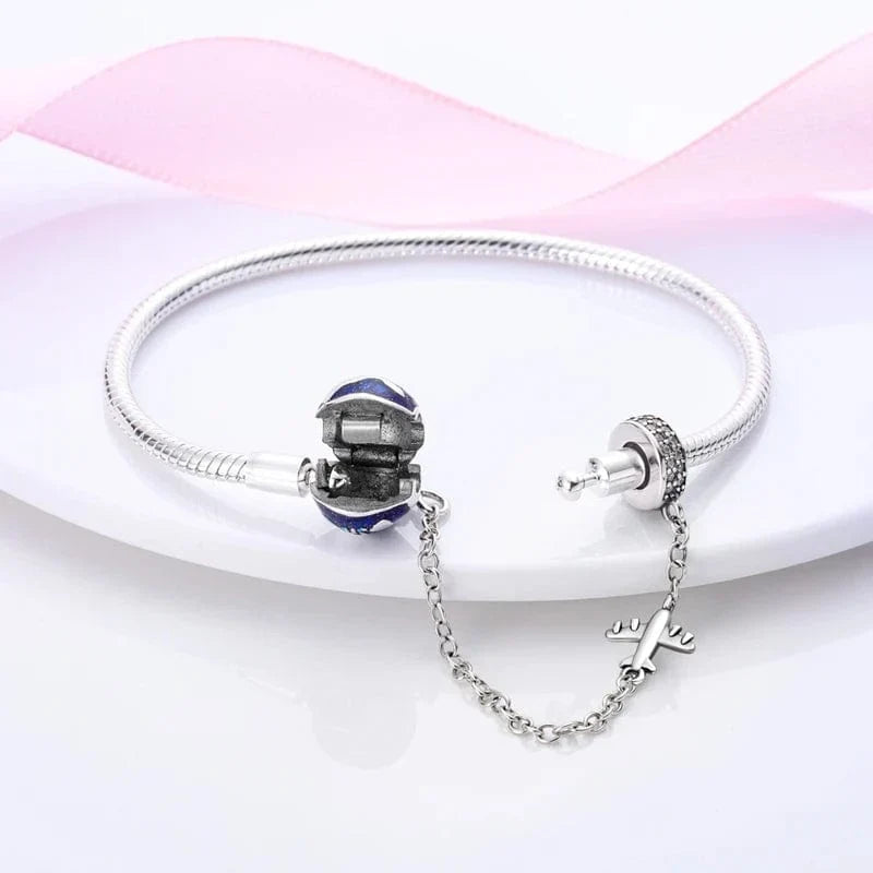 Bracelet à Charms Globe Terrestre avec Avion et Chaîne de Sécurité