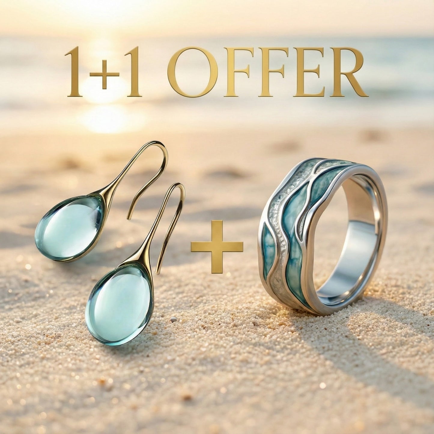 Offre 1+1 : Bague Vague Océane Aurora + Boucles d'Oreilles Goutte de Cristal en Or et Argent