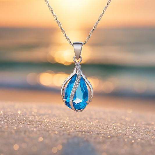 Goutte de Lumière – Collier avec zircon bleu et finition argentée