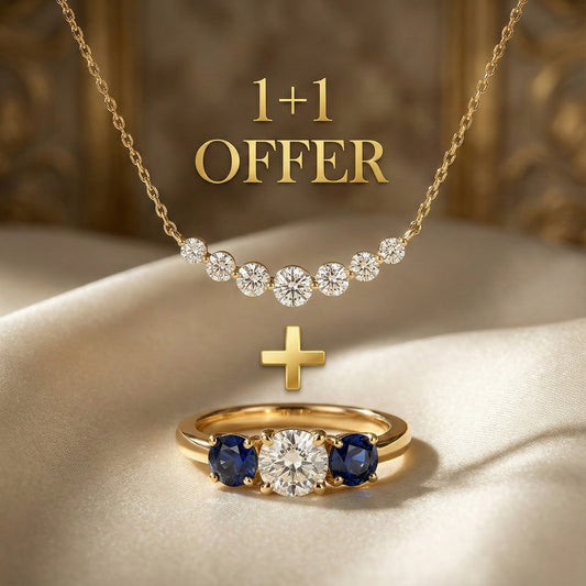 Offre 1+1 : Bague de Mariage Trois Pierres Coussin Saphir Blanc & Bleu en Or pour Femme + Collier en Or au Saphir Blanc Taille Ronde
