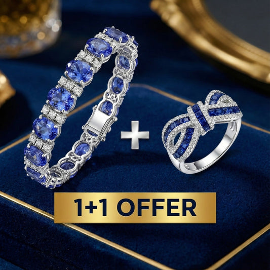 Offre 1+1 : Bracelet Tanzanite Bleue Taille Ovale & Ronde + Bague de Mariage Nœud Saphir Bleu Taille Ronde