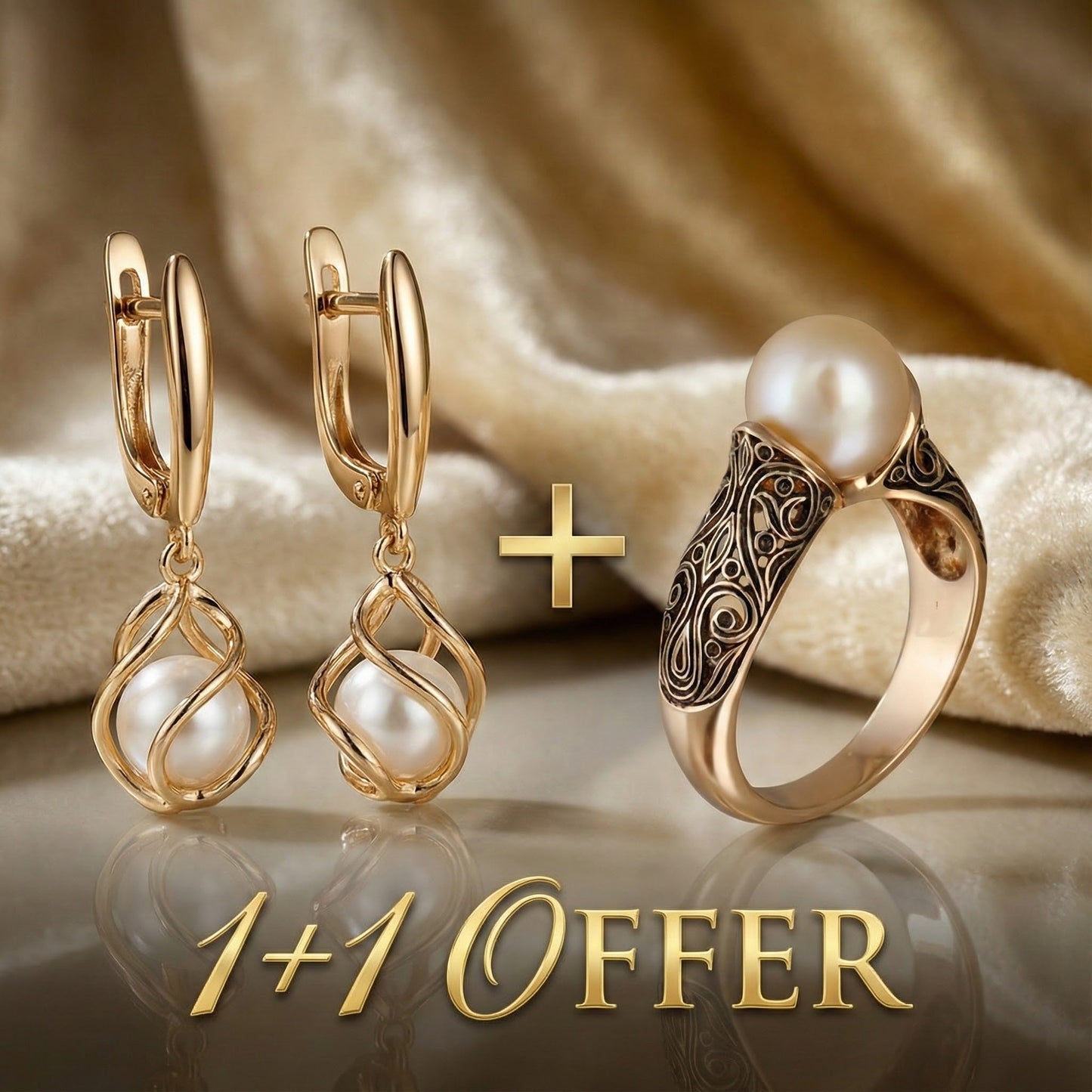 Offre 1+1 : Boucles d'Oreilles Élégantes Perle Dorée + Bague Vintage en Or à Perle Fantaisie