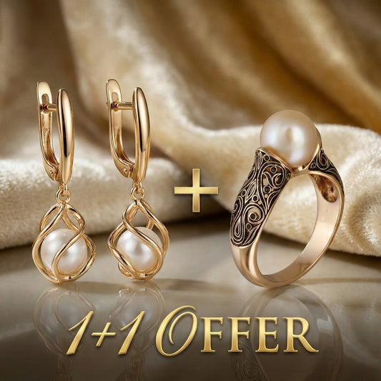Offre 1+1 : Boucles d'Oreilles Élégantes Perle Dorée + Bague Vintage en Or à Perle Fantaisie