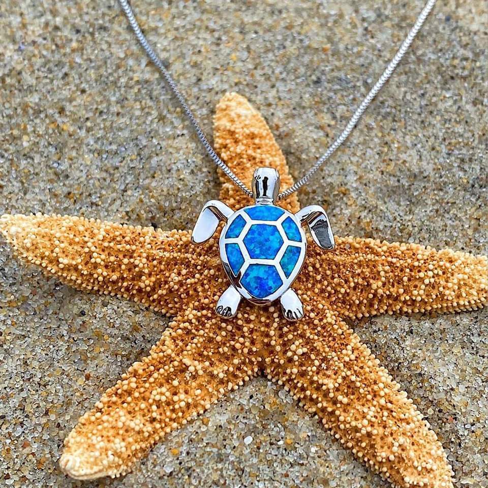 Parure Collier + Boucles d'Oreilles Tortue de Mer en Opale et Argent