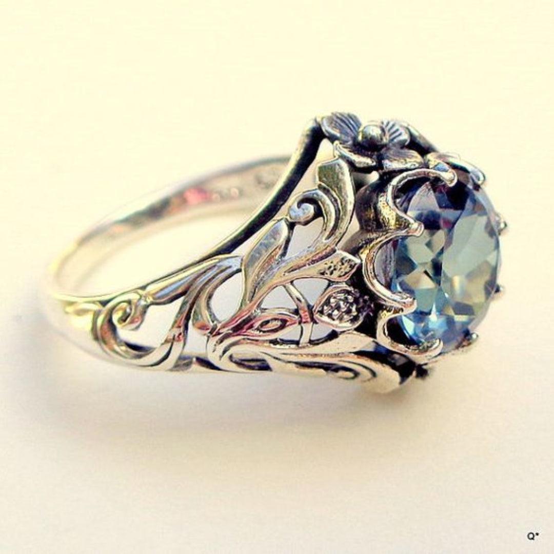 Bague Vintage en Verre Bleu et Argent