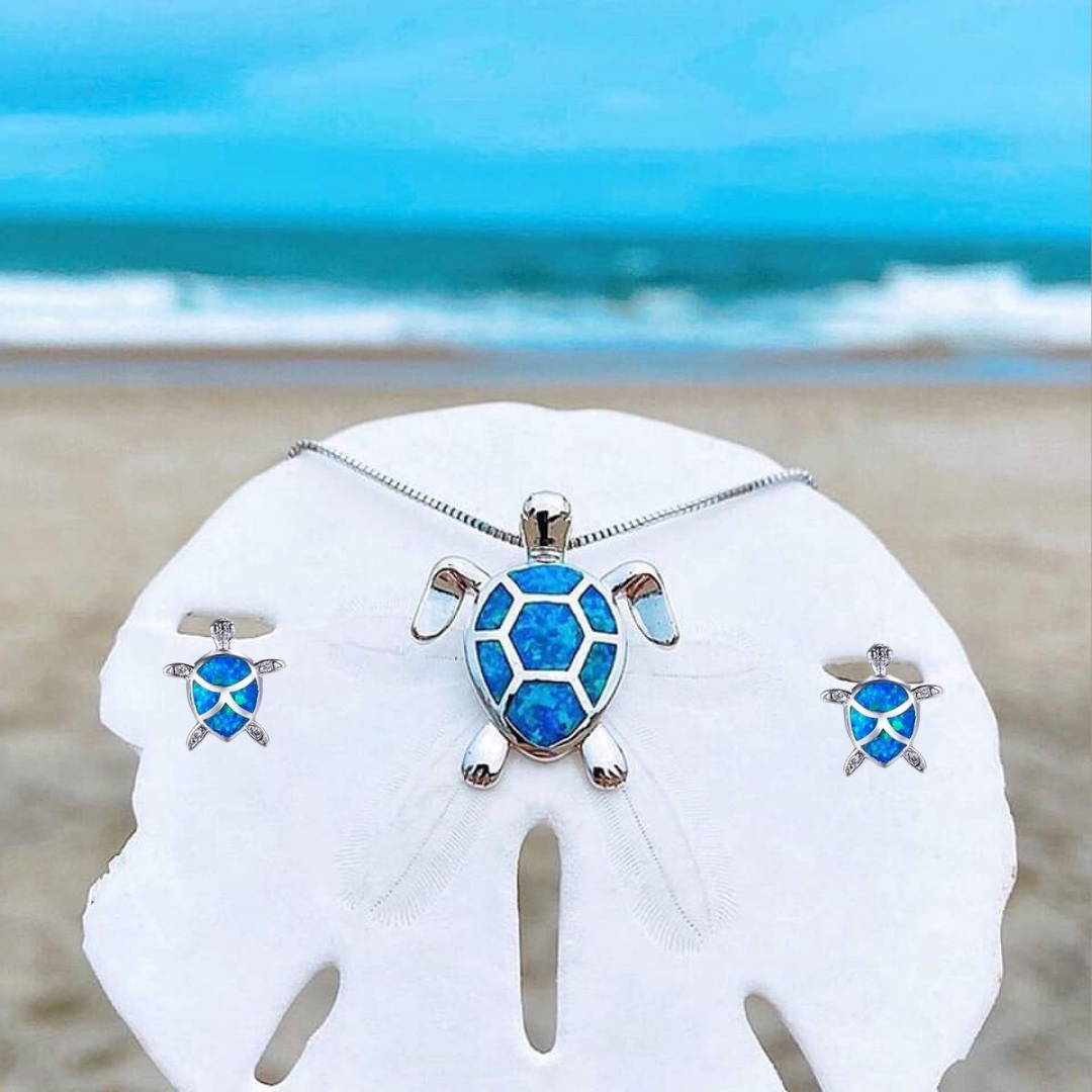 Parure Collier + Boucles d'Oreilles Tortue de Mer en Opale et Argent