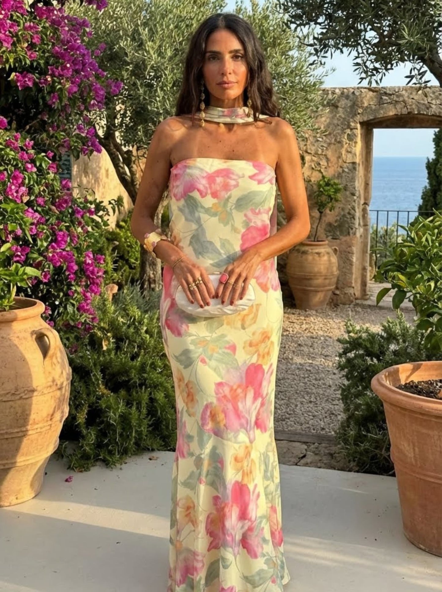 Capri | Lang strapless kjole med blomster-akvarelprint
