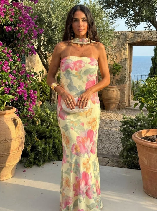 Capri | Lang strapless kjole med blomster-akvarelprint