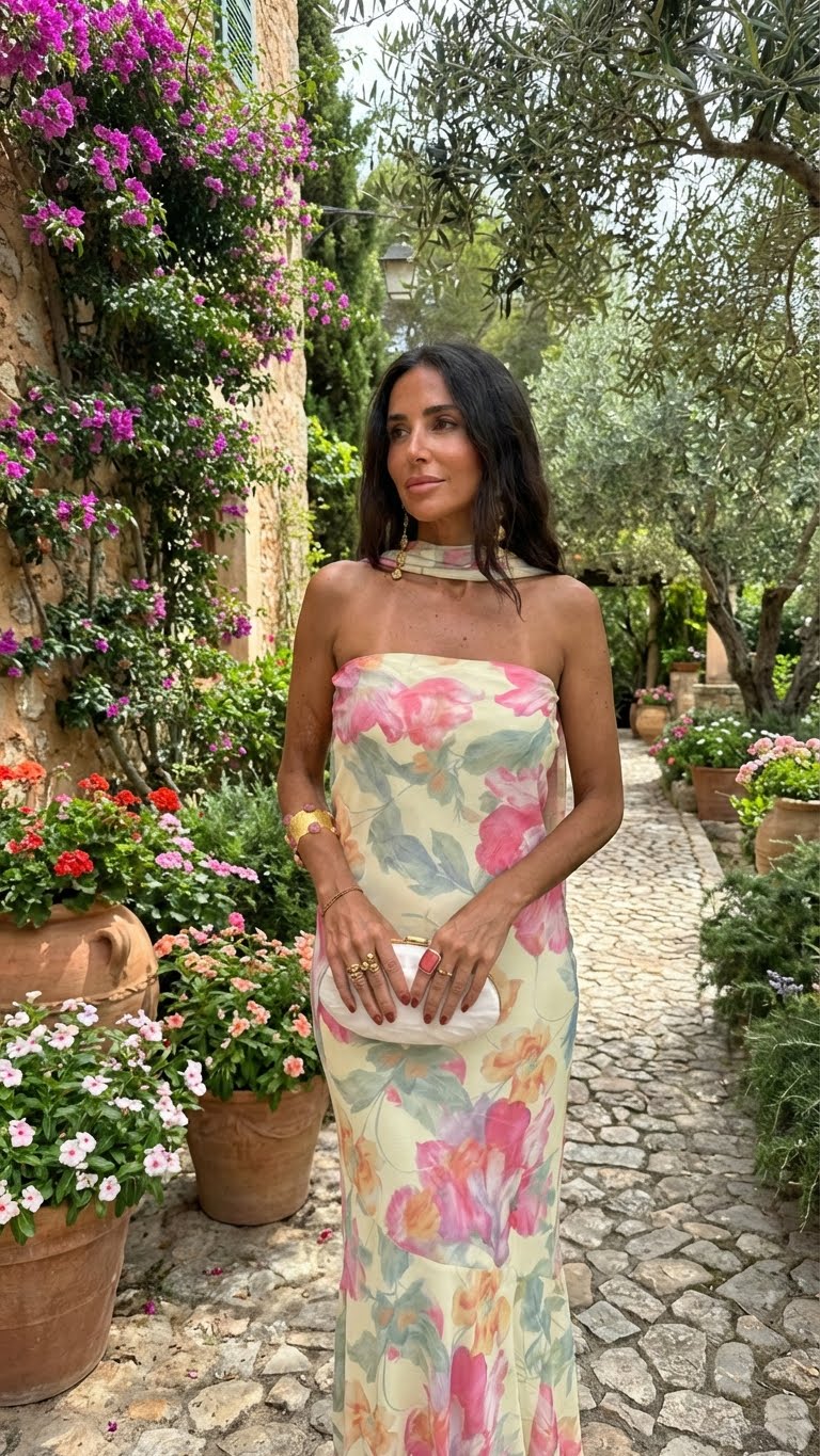 Capri | Lang strapless kjole med blomster-akvarelprint