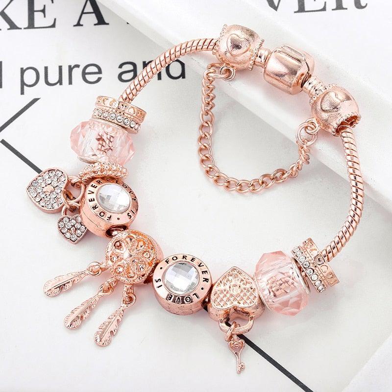 Bracelet Attrape-Rêves Rose avec Breloques en Argent Sterling Incluses
