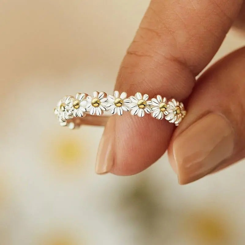 Bague Marguerite Ajustable en Argent et Émail Peint à la Main
