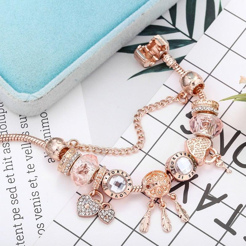 Bracelet Attrape-Rêves Rose avec Breloques en Argent Sterling Incluses