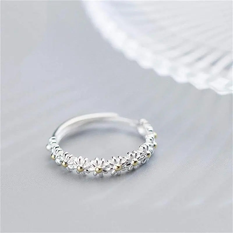Bague Marguerite Ajustable en Argent et Émail Peint à la Main