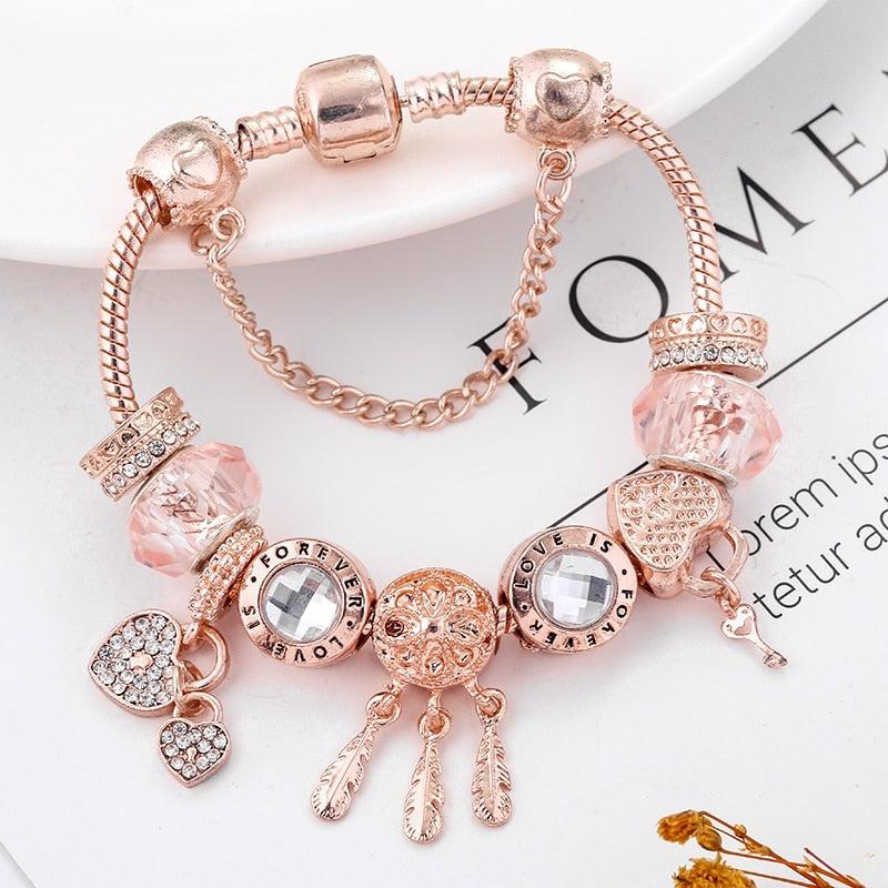 Bracelet Attrape-Rêves Rose avec Breloques en Argent Sterling Incluses
