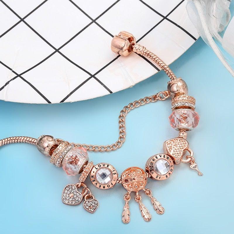 Bracelet Attrape-Rêves Rose avec Breloques en Argent Sterling Incluses