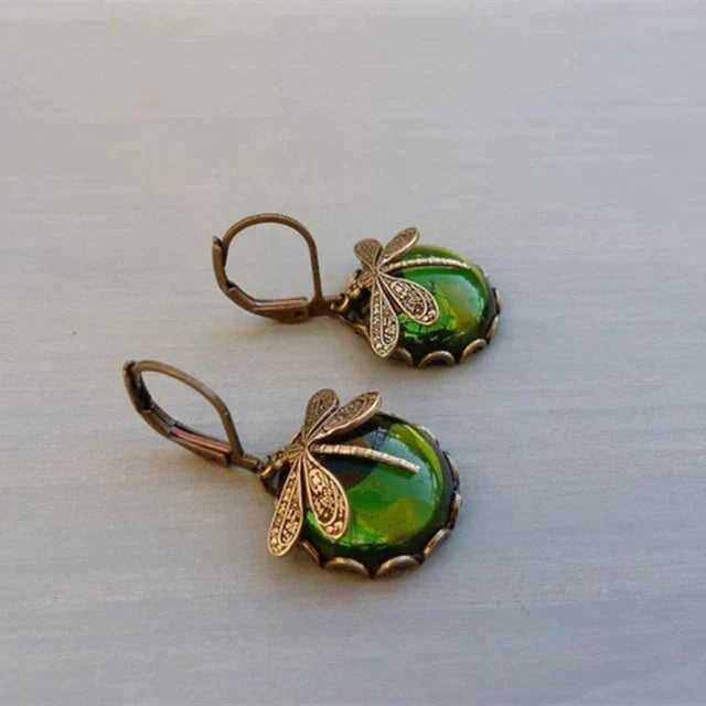 Boucles d'oreilles libellule sphérique en or antique