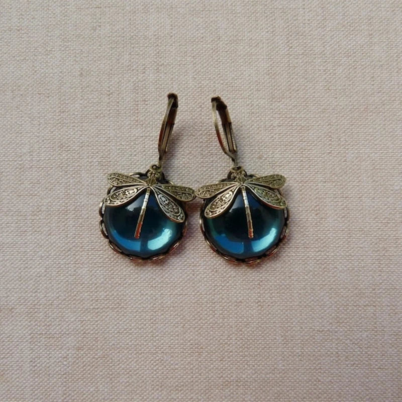 Boucles d'oreilles libellule sphérique en or antique