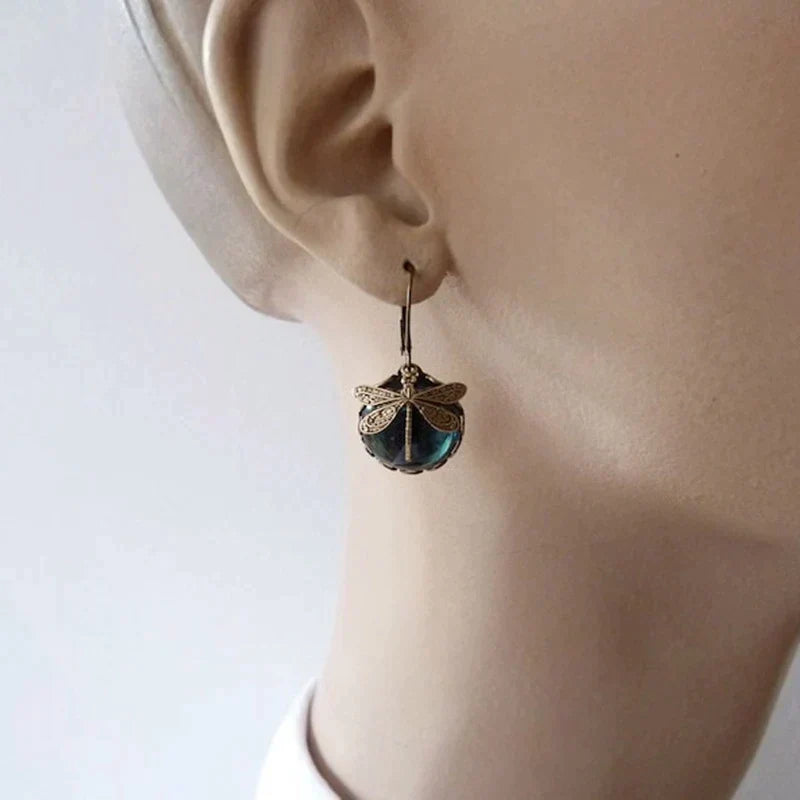 Boucles d'oreilles libellule sphérique en or antique