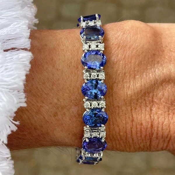 Offre 1+1 : Bracelet Tanzanite Bleue Taille Ovale & Ronde + Bague de Mariage Nœud Saphir Bleu Taille Ronde