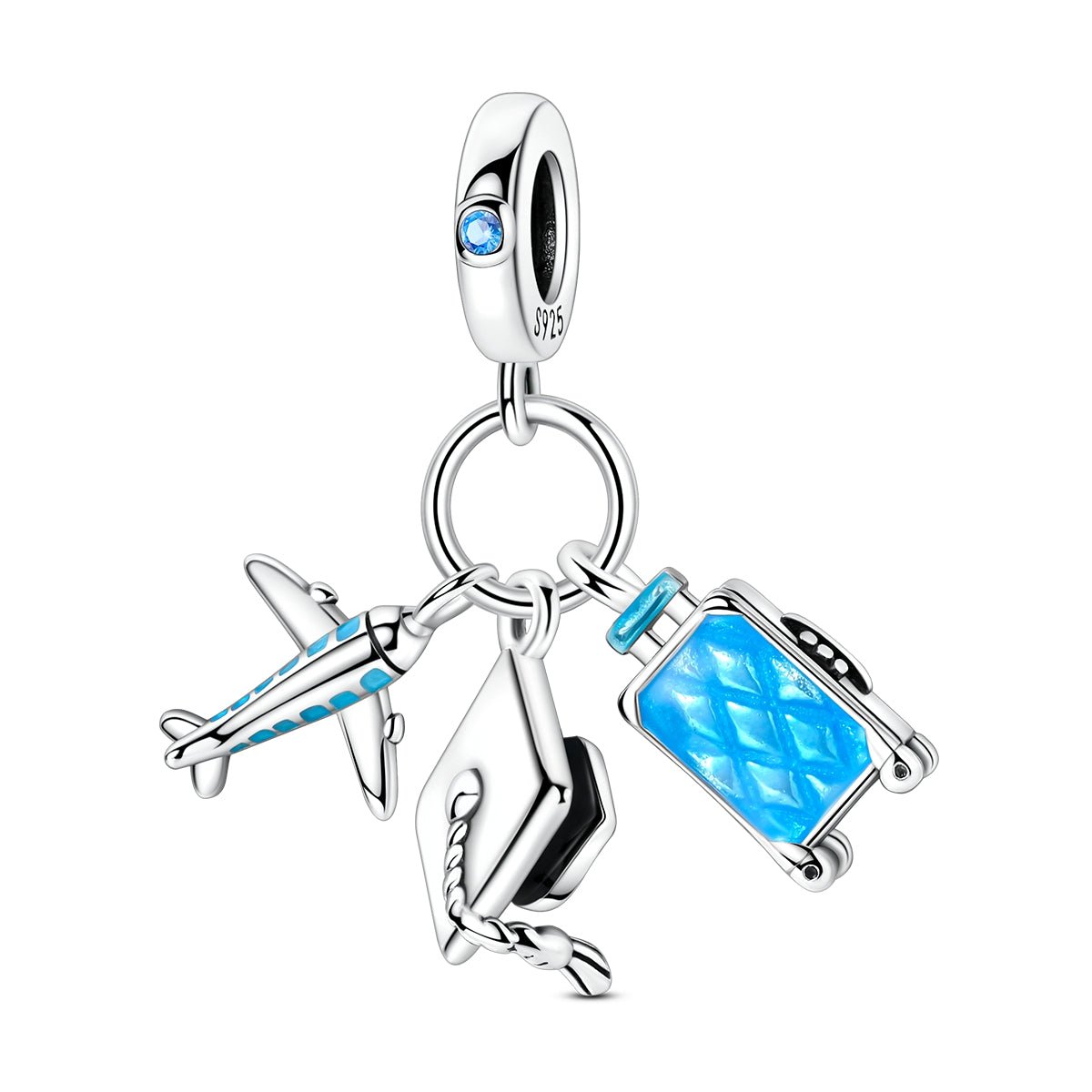 Charm Pendant Voyage Avion, Chapeau de Diplômée et Valise