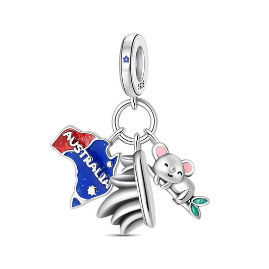 Charm Pendant Australie Carte, Koala et Opéra de Sydney