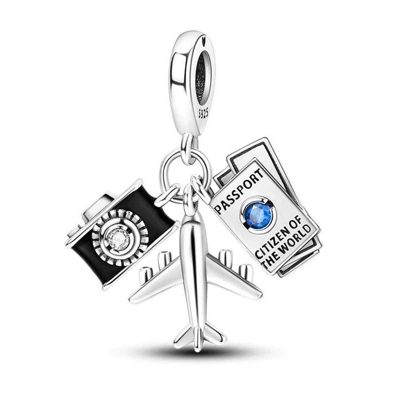 Charm Pendant Voyage Appareil Photo Noir, Passeport et Avion