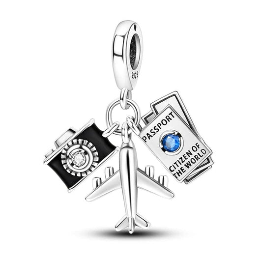 Charm Pendant Voyage Appareil Photo Noir, Passeport et Avion