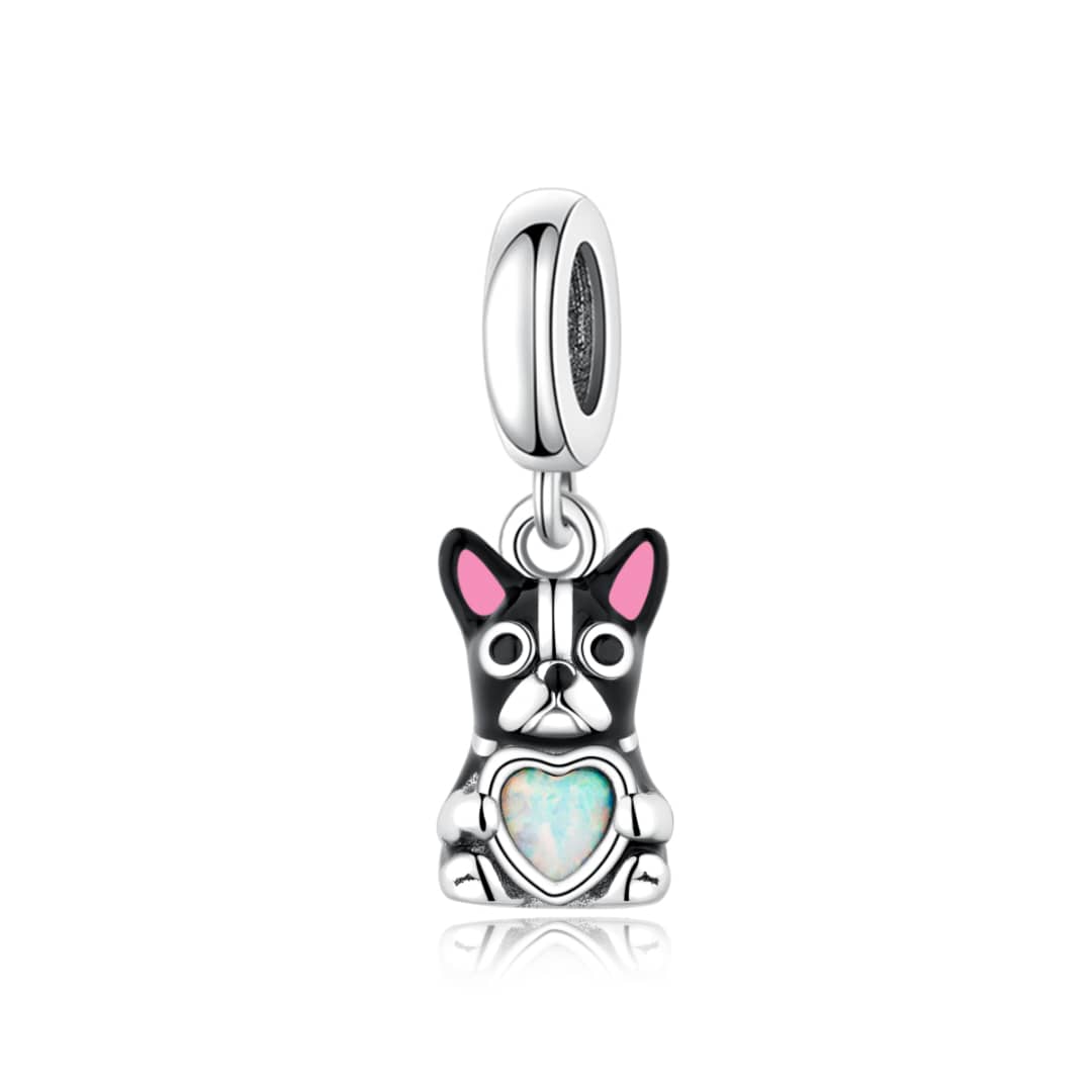Charm Pendant Bouledogue Français Noir avec Pierre en Forme de Cœur