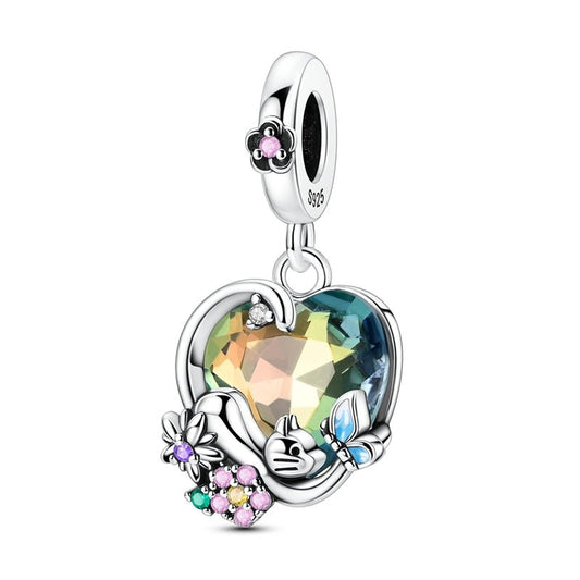 Charm Pendant Cœur Fleuri avec Papillon, Fleurs et Chat