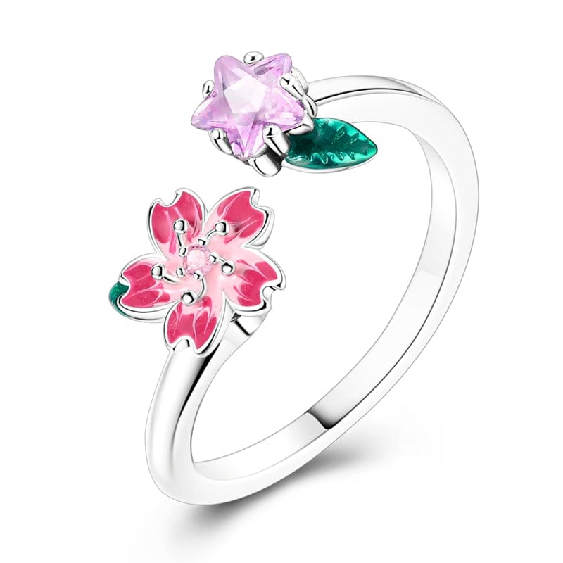 Bague Réglable Fleur Rose Épanouie et Cristal Étoile