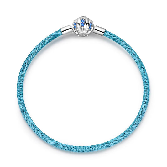 Bracelet en Cuir Tressé Bleu avec Fermoir Coquillage