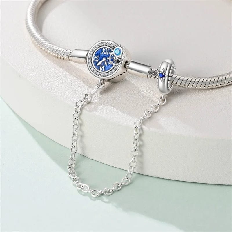 Bracelet Fermoir Horloge Bleue avec Chaîne de Sécurité